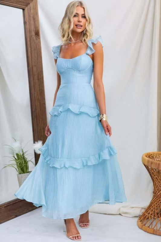 Summer Women Clothing Solid Color Elegant Graceful Ruffled Dress