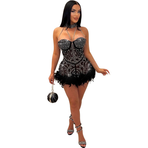 Autumn Winter Women Clothing Rhinestone Beaded Sexy Mesh See through Nightclub Jumpsuit Feather