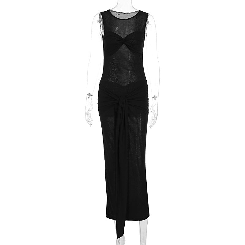 Summer Women Clothing Sexy Solid Color round Neck Slim Slimming See through Dress