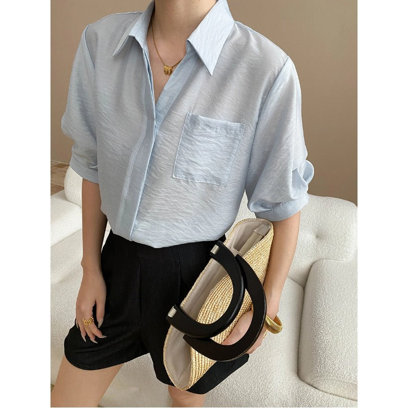 Breathable Tencel Blended Single Pocket Lapels Loose Short Sleeve Shirt