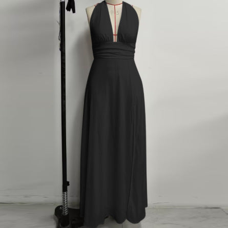 Elegant Halter Lace up Chiffon Dress Sexy Sexy Deep V Plunge neck Backless Slit Formal Dress Maxi Dress