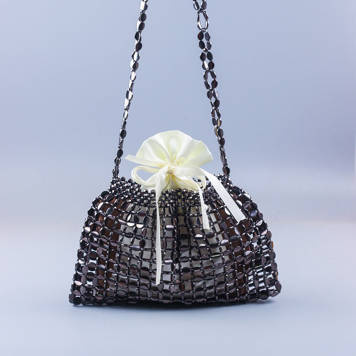 Popular Handmade Silver Gold Flat Beads Beaded Weave Large Dumpling Trendy One Shoulder Handbags