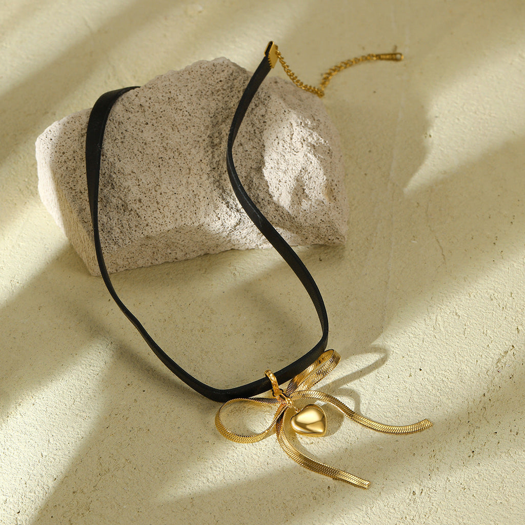 Bow Leather Love Titanium Steel Necklace Simple Light Luxury High Grade Stainless Steel Necklace Women