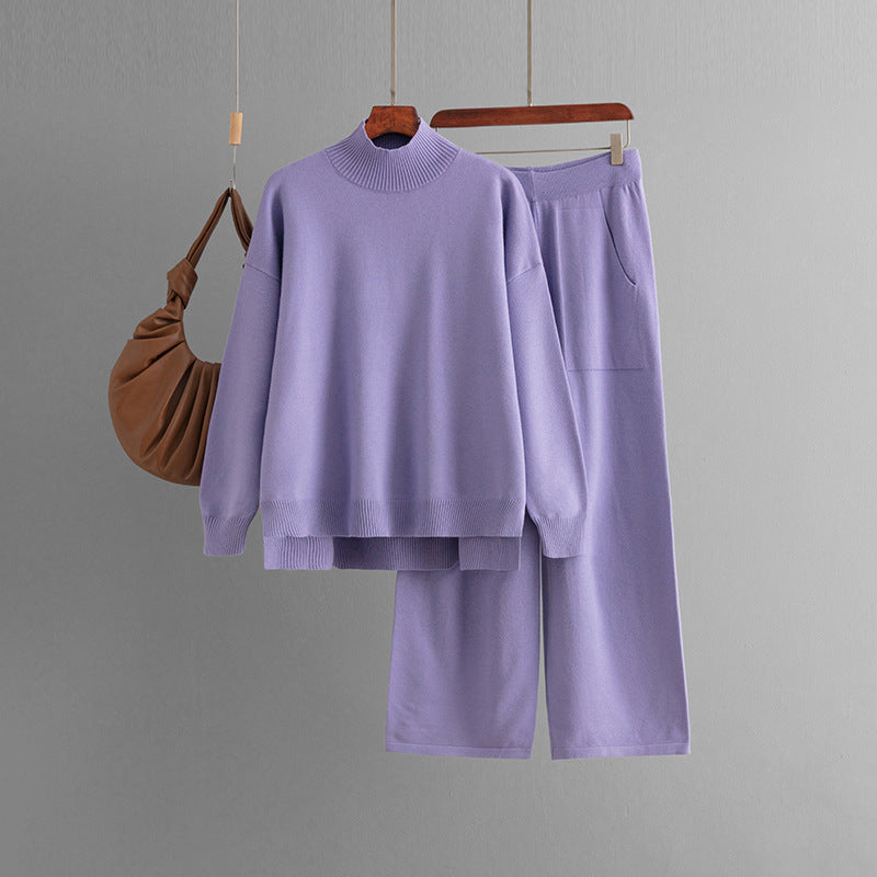 Solid Color Knitted Half Turtleneck Slit Sweater Women Fall Winter Casual Two Piece Sweater