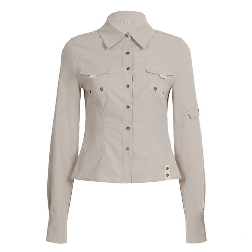 Autumn Pocket Stitching Breasted Collared Shirt Tooling Sexy Waist Controlled Slimming Long Sleeve Cardigan Top Women