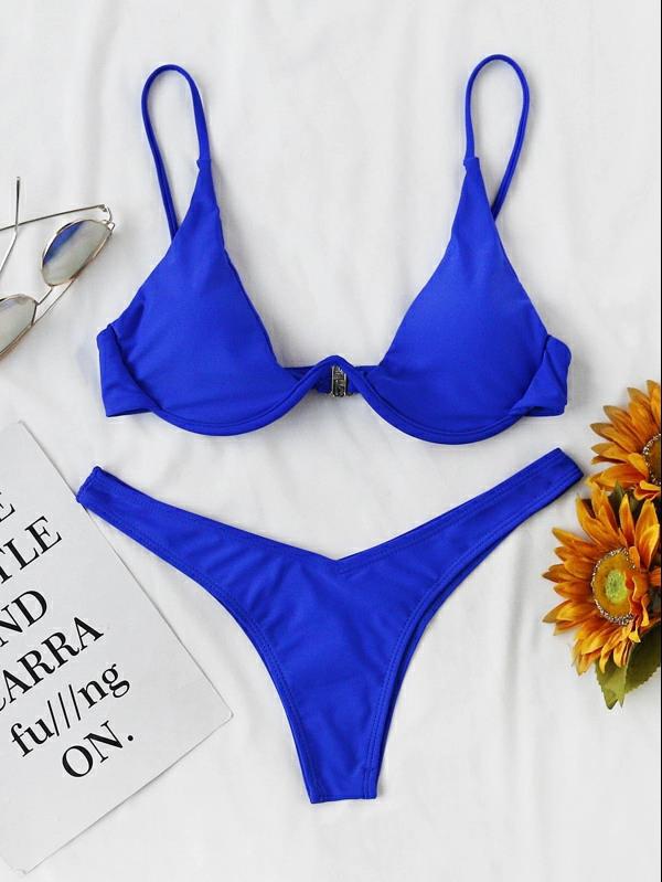 Sexy Bikini Split Gathering Steel Bracket Solid Color Swimsuit Women