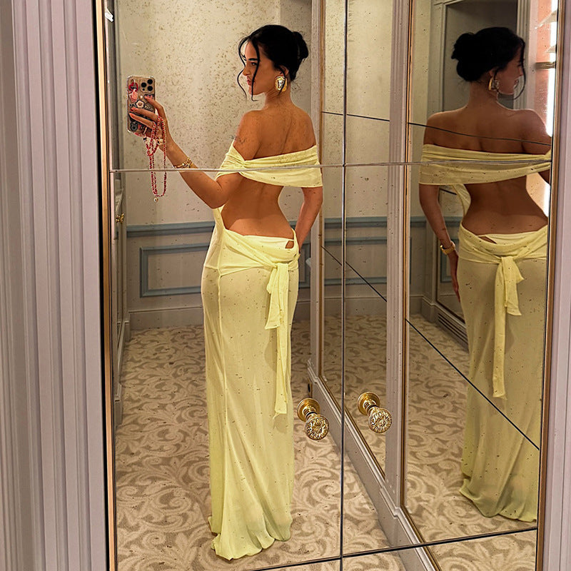 Spring Women Solid Color Sexy Sheer Mesh Design Backless Sheath Dress