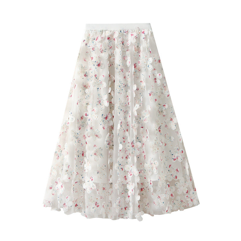 Exquisite Floral Three-Dimensional Petals Mesh Fairy Gauze Skirt Autumn Cover Long Umbrella Skirt