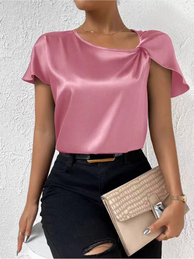 Supply Summer Satin Short Sleeve Satin Twisted Solid Color Loose Fitting Top Women