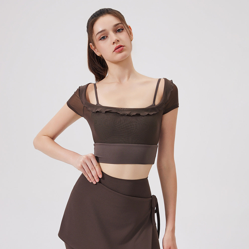 Sexy Lace Mesh Yoga Clothes Short Sleeve Running Quick Drying Sports Bra with Chest Pad One Piece Cup Workout Clothes