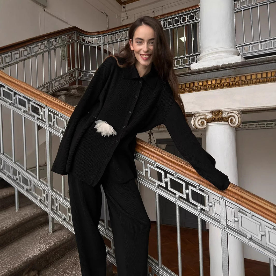Collared Long Sleeve Knitting Autumn Winter Loose Office Bedford Cord Sweater Two Piece Sets