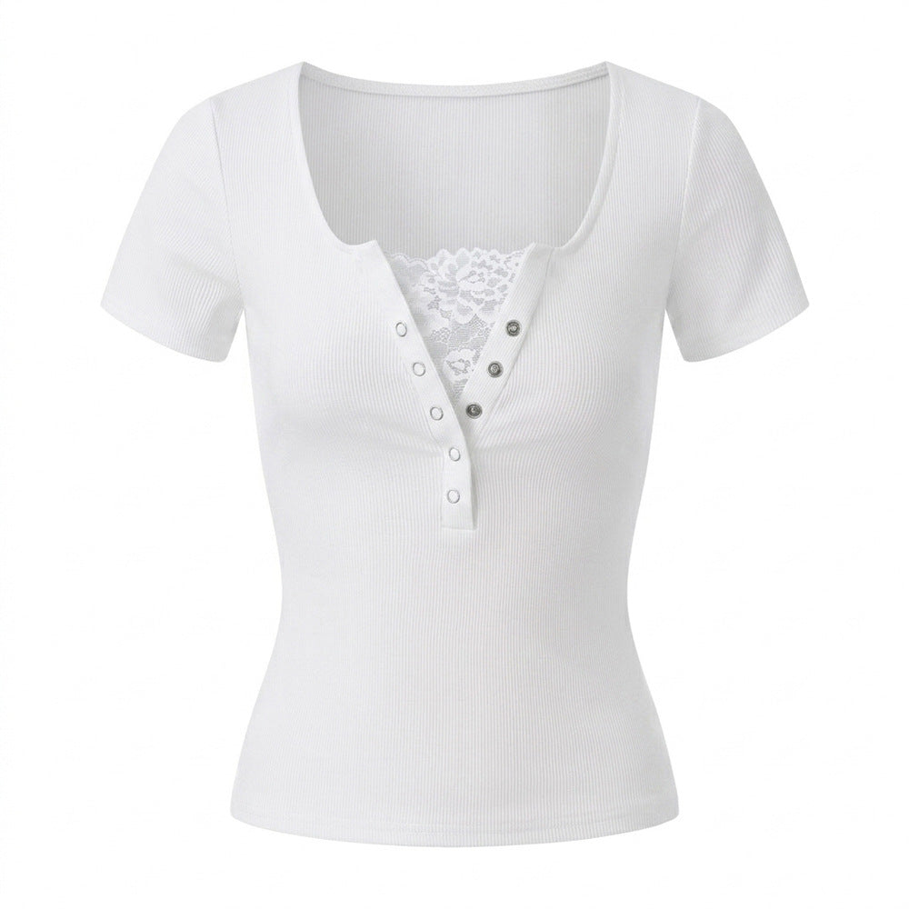 Summer Lace Stitching Sexy Solid Color Summer Short Sleeved T shirt Bottoming Shirt Women