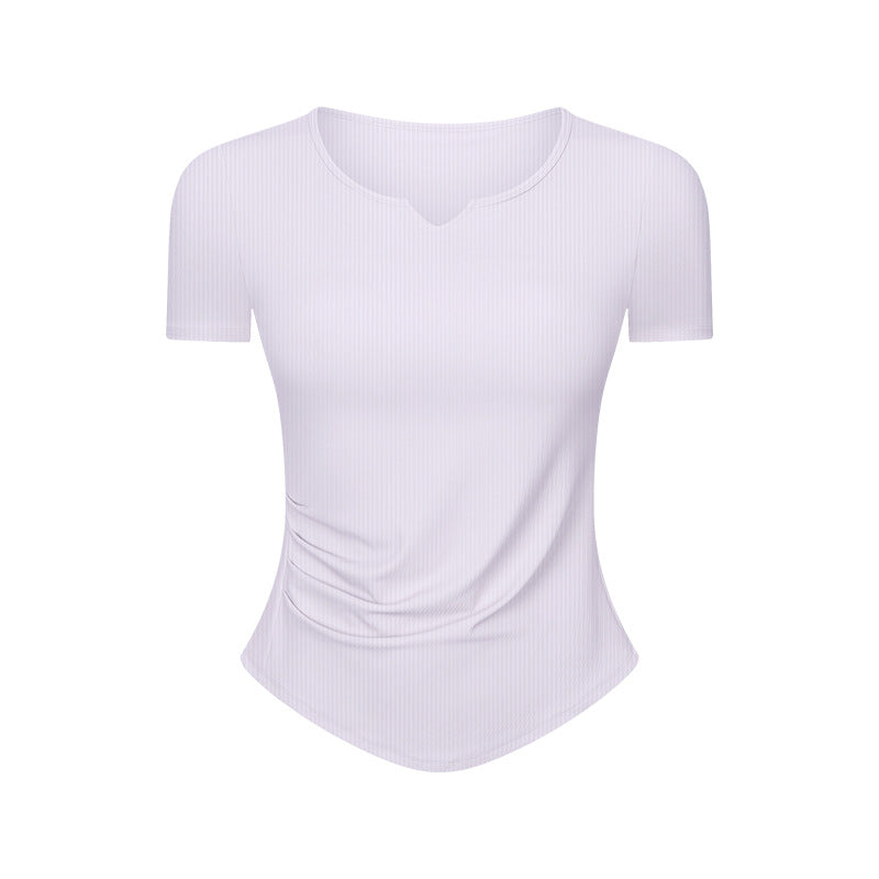 Stripe Rib Pleated Small V neck Sports Short Sleeve Women Fitness Running Slim Slimming Yoga Jacket