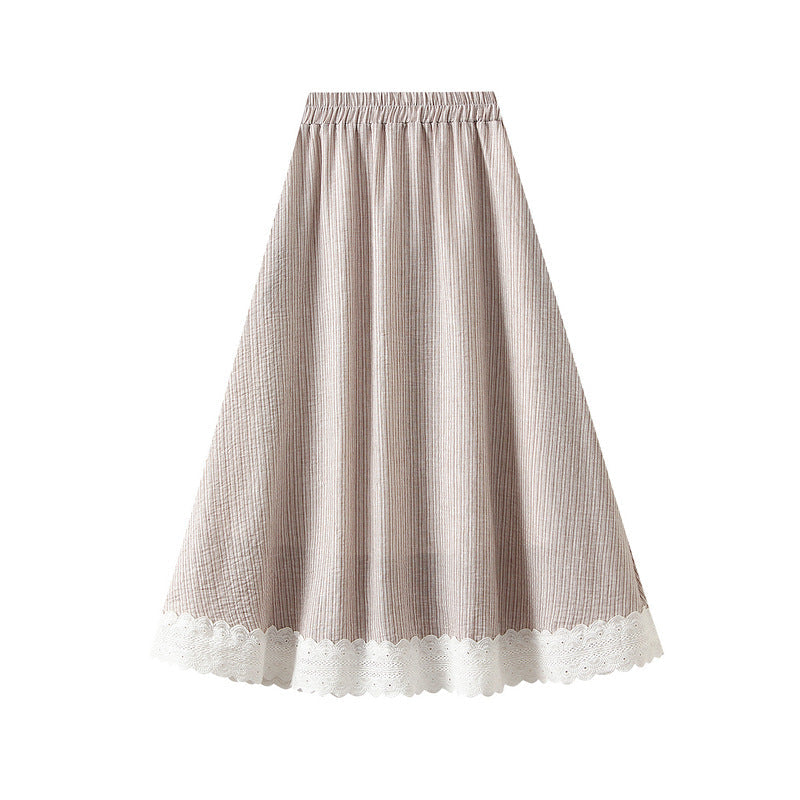 Plaid Skirt Women Spring Summer Loose Casual Elastic Waist Mid Length Lace Edge Patchwork A line Skirt