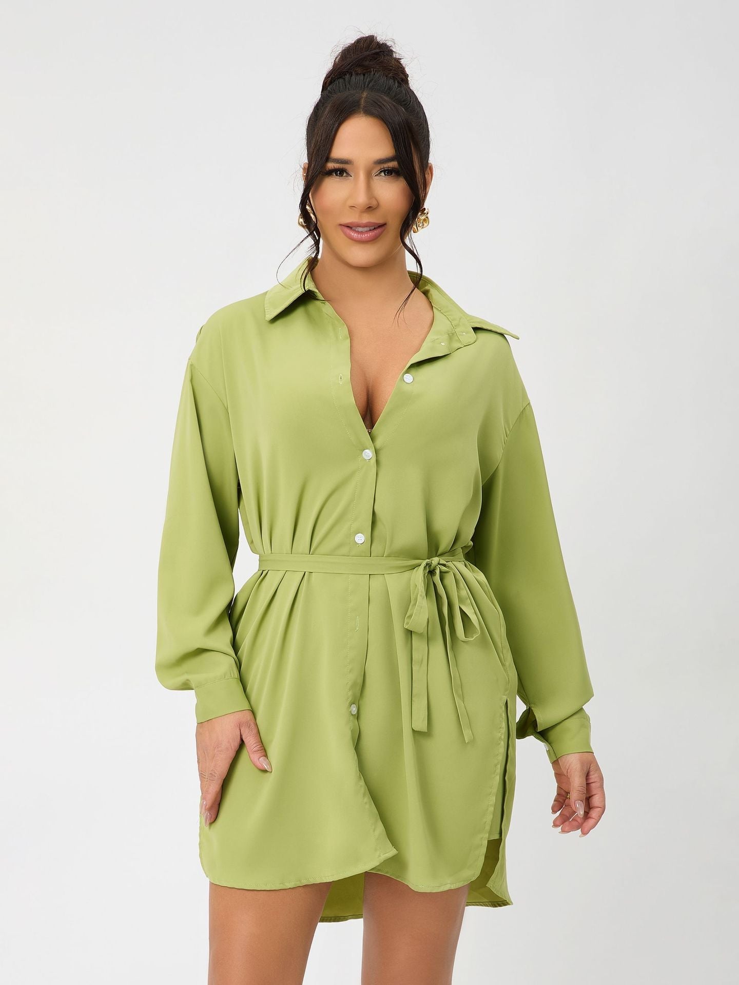 Casual Long Sleeve Women Clothing Long Shirt Collar Belt Two Piece Shorts Sets Women Spring
