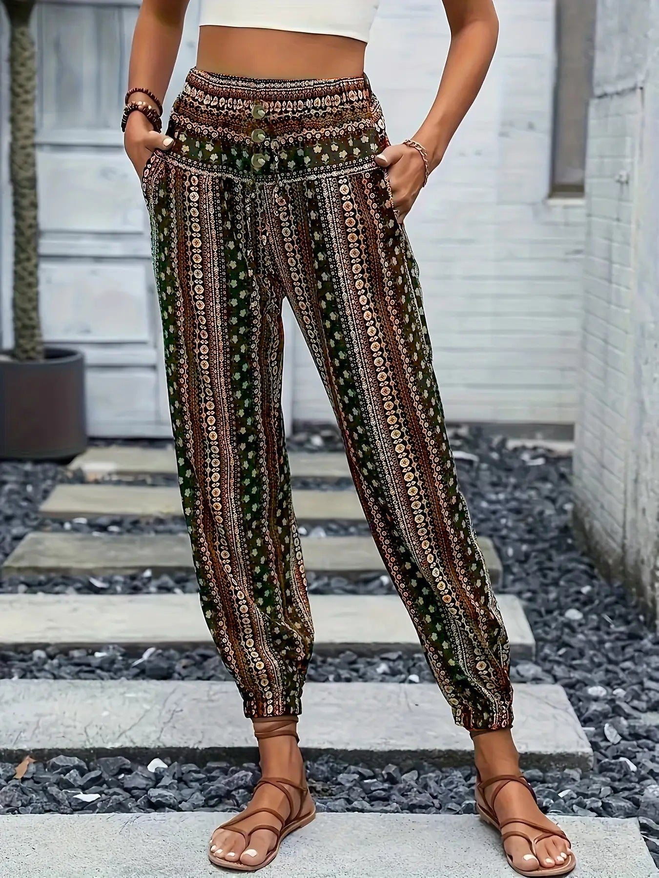 Spring Summer Women Clothing Bohemian Ethnic Print Loose Slimming Draping Effect Elastic Waist Ankle Tied Casual Pants