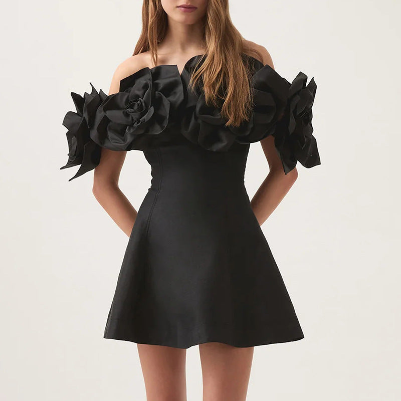 Elegant Socialite Dress Tube Top off Shoulder Three Dimensional Floral Special Interest Design Dress Women