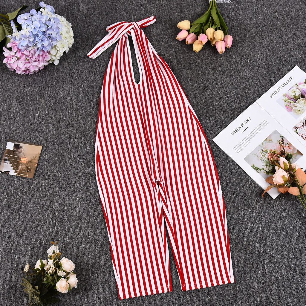 Stripes Hollow Out Cutout Backless Lace up Short High End Jumpsuit Women