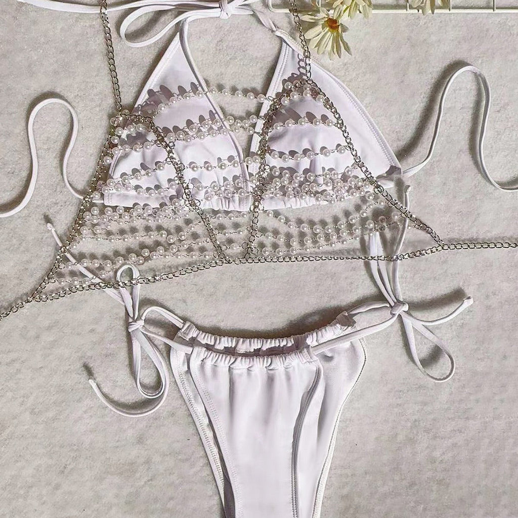 Sexy Pearl Chain Bandage Swimsuit Women Split Three Piece Bikini