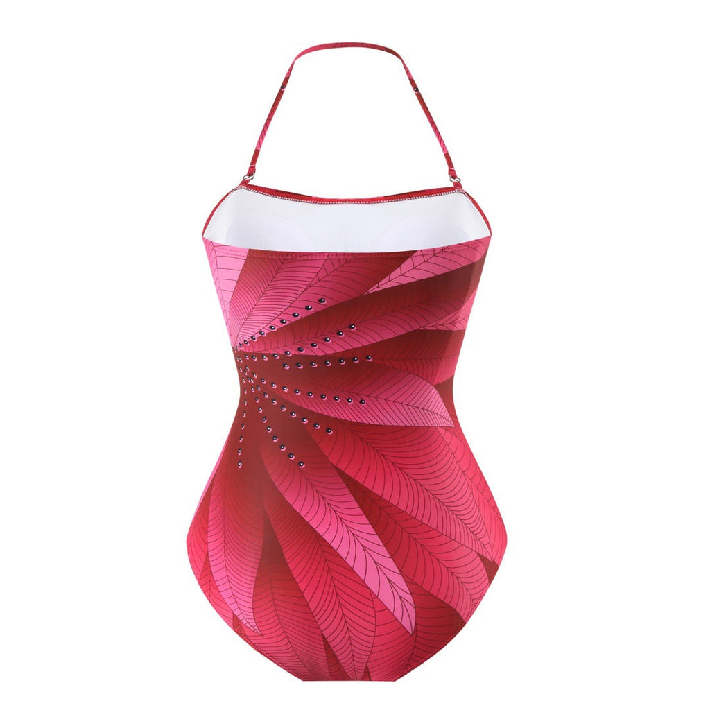 Conservative Swimsuit Digital Printed Belly Covered Halter Gauze Swimsuit for Women