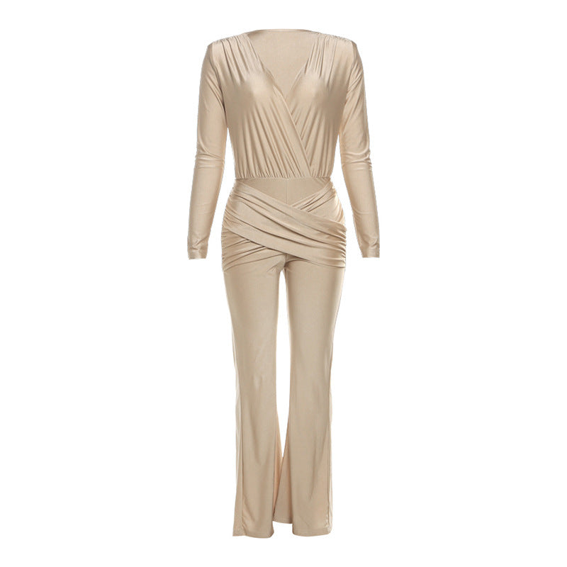 Fall Women Clothing Sexy Deep V Plunge Long Sleeved Slim Slimming Jumpsuit