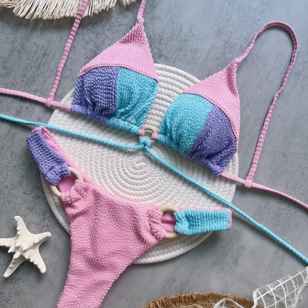 Rib Fabric Stitching Solid Color Bikini Sexy Backless Split Swimsuit Nylon Bikini