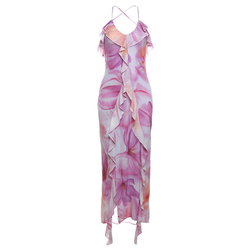 Summer Trends Women V neck Brace Printed Sheath Backless Sexy Dress