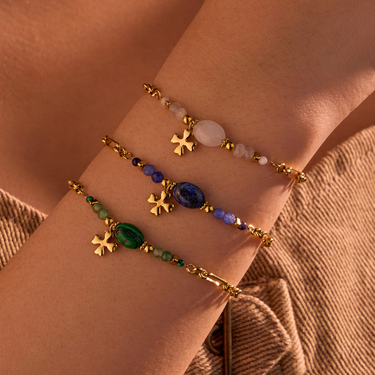 Stainless Steel Natural Stone Lapis Four-Leaf Clover Embellished Bracelet Women Titanium Steel Jewelry
