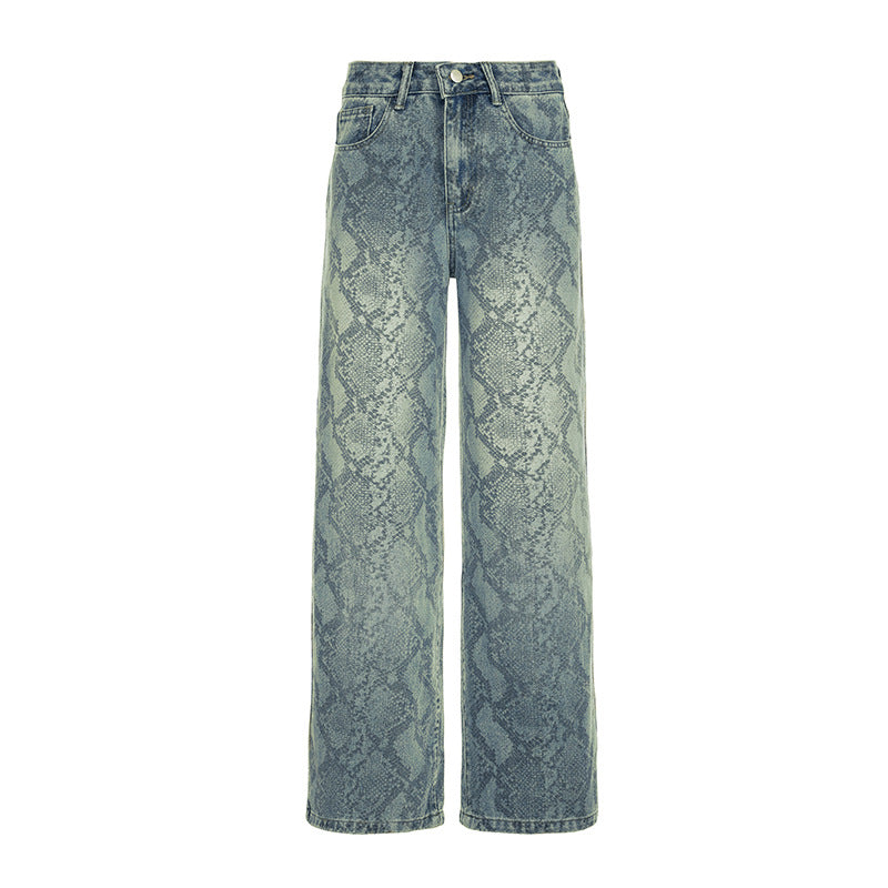 Casual Street Snake Print Jeans Women Autumn High Waist Slimming Washed Drooping Straight Pants