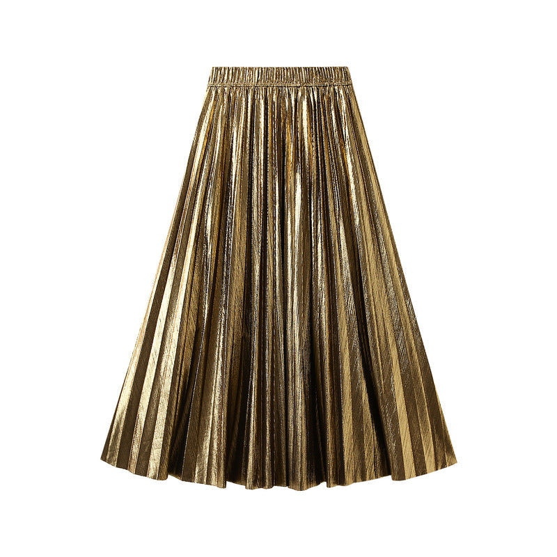 High Grade Metallic Bright Silk Organ Skirt Mid Length Skirt Spring Autumn Pleated Skirt