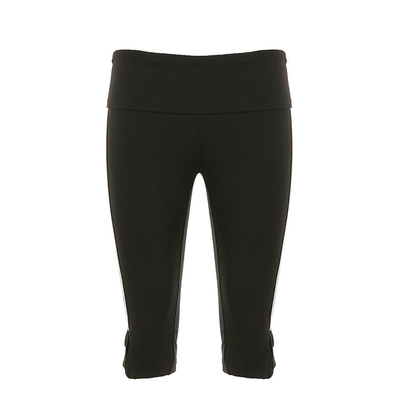 Casual Sports Horizontal Bar Split Contrast Color Fitness Yoga Pants Waist Folding Stylish Simple Middle Pants