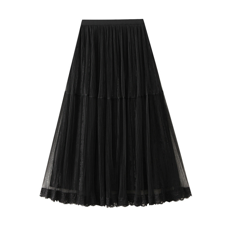 Elegant Draping Mesh Velvet Pleated Skirt for Women High Waist Slimming Long Skirt
