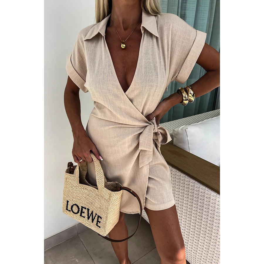 Spring Summer Lace up Turn down Collar Jumpsuit Casual Loose Vacation Jumpsuit