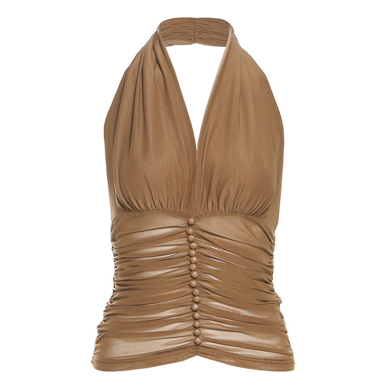 Summer Women Clothing Sexy V neck Halter Spaghetti Straps Vest Mesh Pleats Top for Women