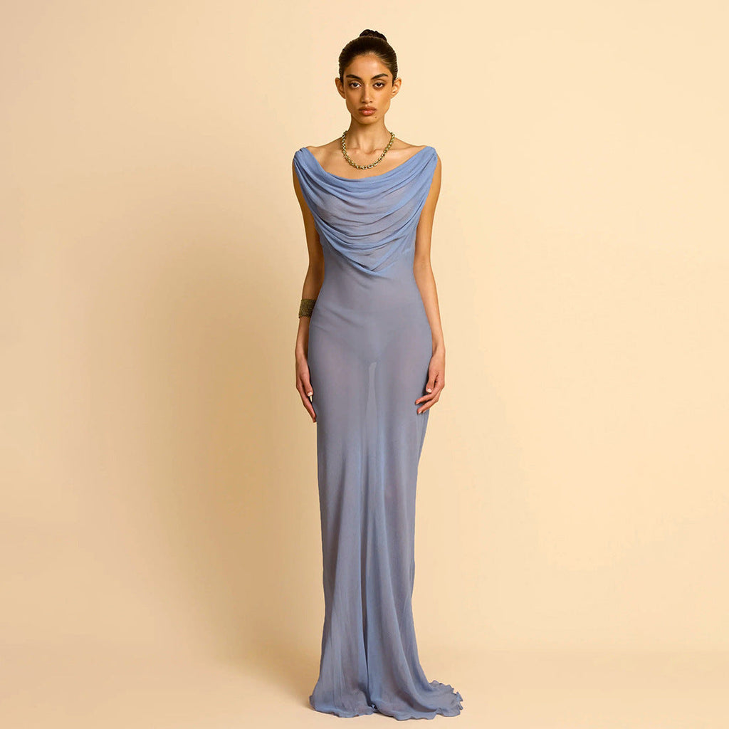 Summer Women Clothing Sexy Mesh See through Halter Backless Slim Maxi Dress