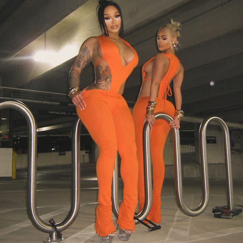 Summer Women Sexy Deep V Plunge Lace up Jumpsuit Slim Trousers Two Piece Sets