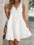 Bohemian White Sleeveless Dress Summer Ethnic Tassel V neck Short Holiday Beach Dress