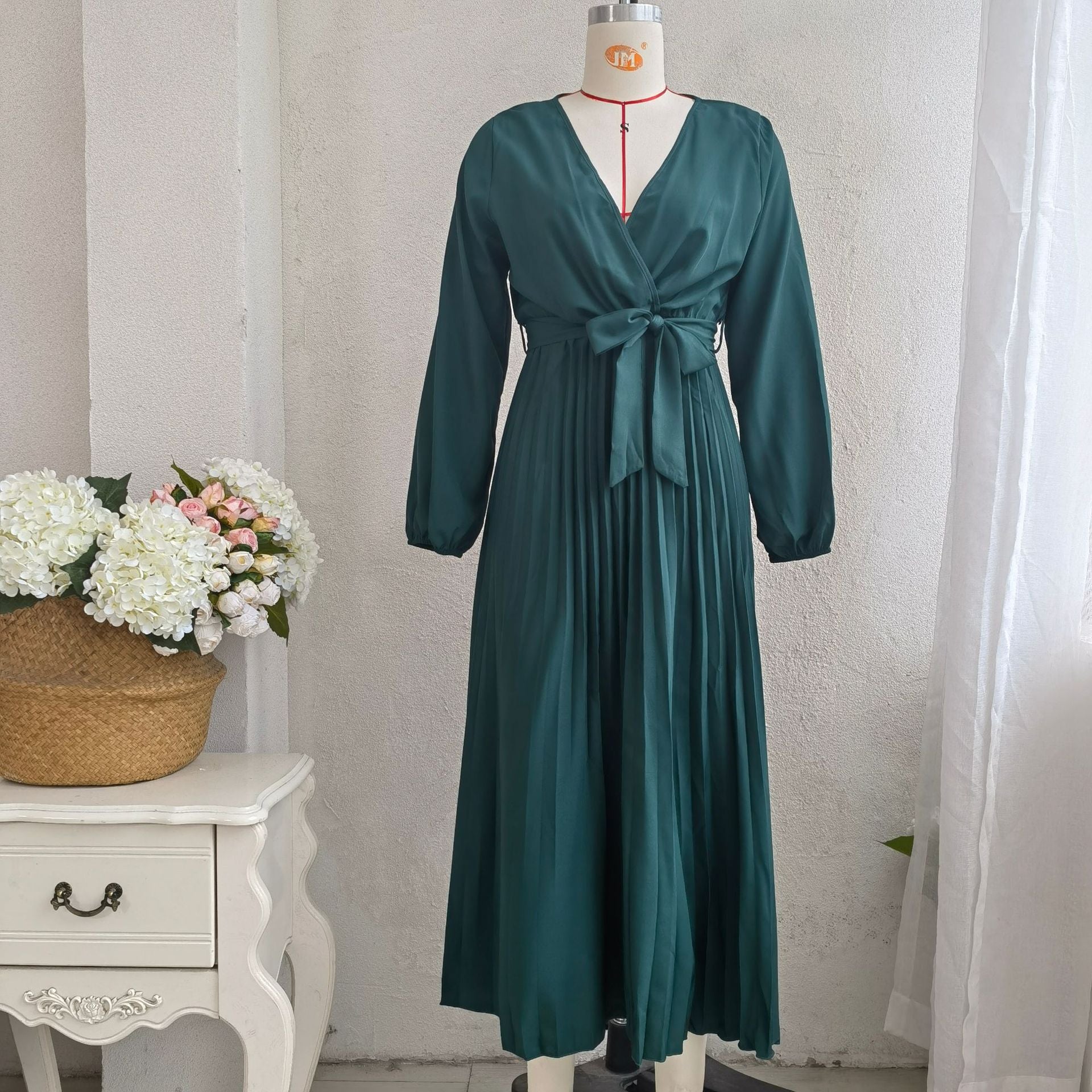 Popular Spring Summer Elegant Cross V neck Swing Pleated Dress Women Clothing