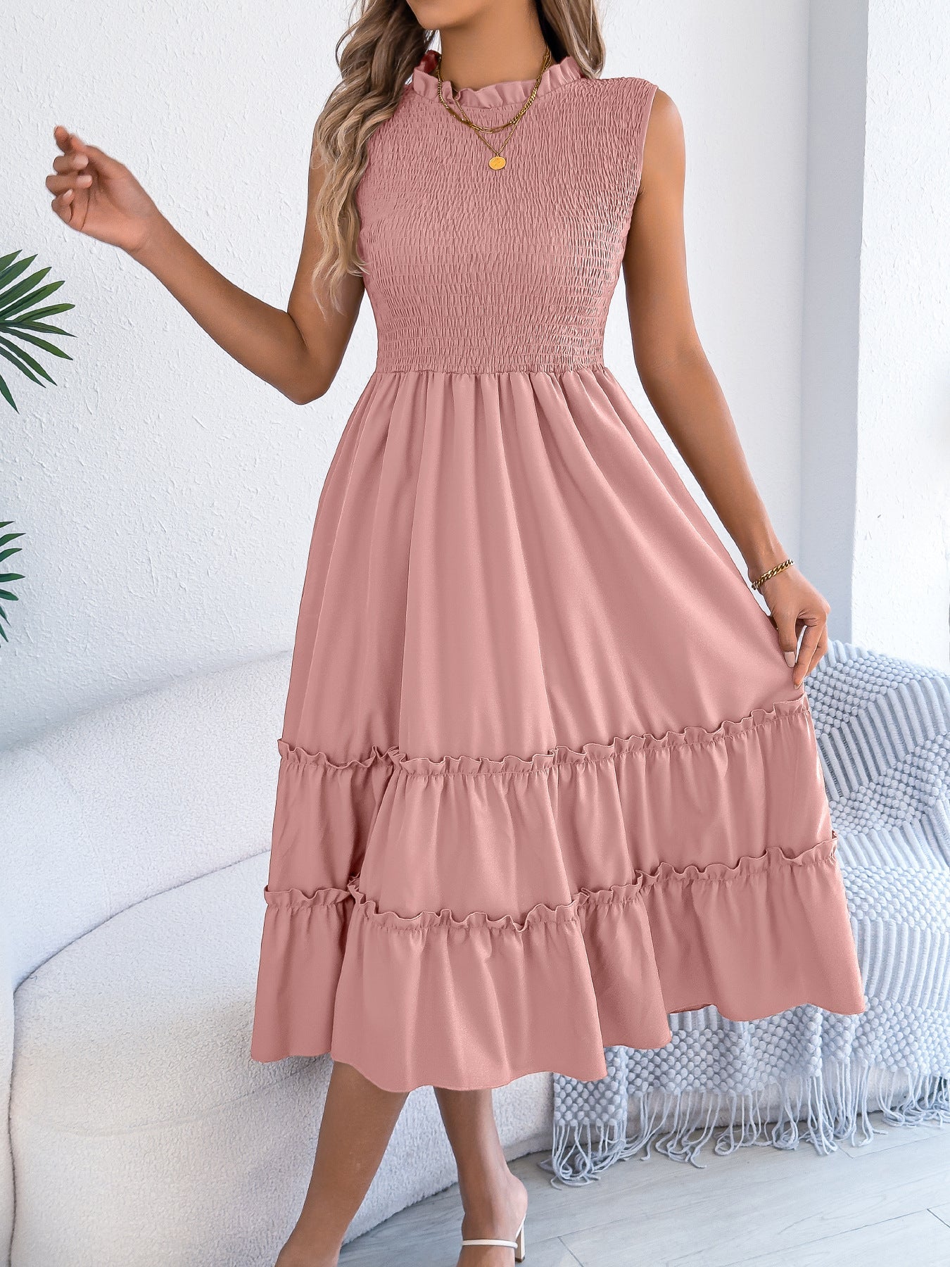 Spring Summer Casual Sleeveless Smocking Waist Tight Wooden Ear Large Swing Dress Independent Stand Women Clothing