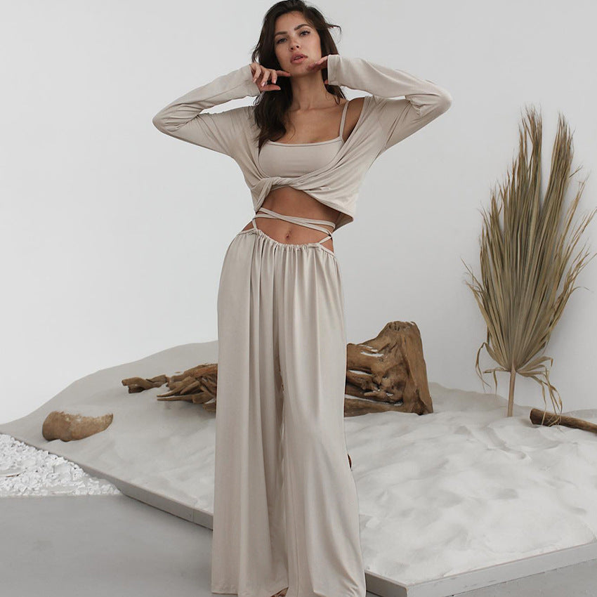 Suspender Top Trousers Long Sleeve Three Piece Set Comfortable Pajamas Autumn Knit Casual Homewear