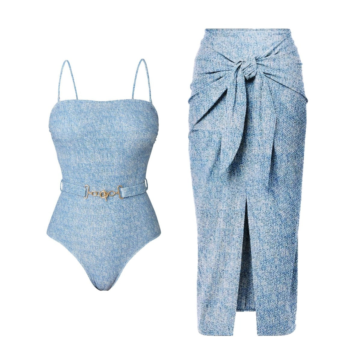 Bikini Triangle Sexy Denim Printing Split Swimsuit Women Wrap Skirt