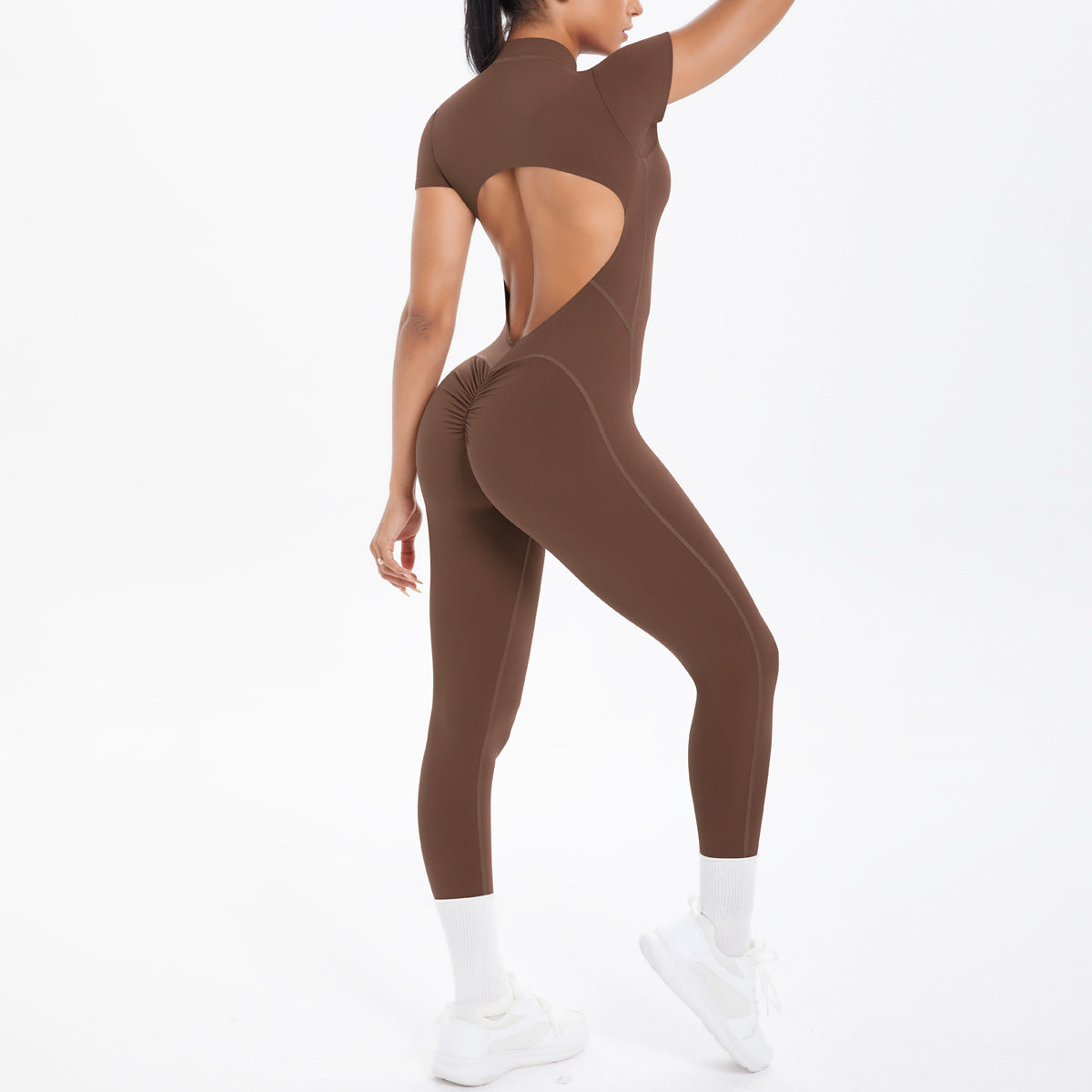 Open Collar Zipper with Chest Pad Short Sleeve One Piece Beauty Back Fitness Sports Jumpsuit Skinny Yoga Clothes
