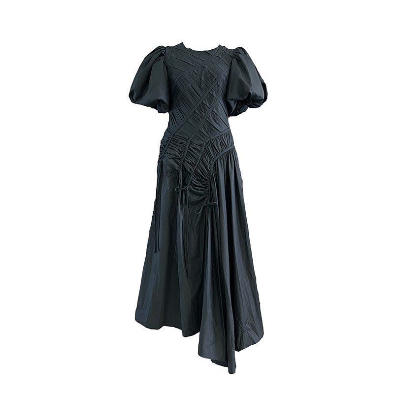 Elegant Simple Prom Dress Women Summer Maxi Dress Puff Sleeve round Neck Pleated Dress
