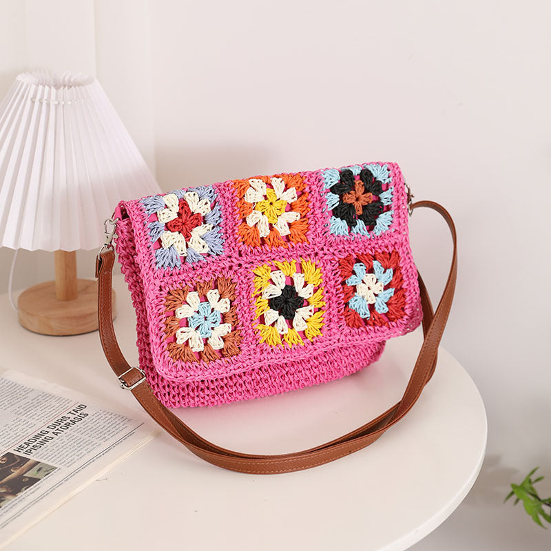 Sources Grandma Plaid Crossbody Straw Bag Contrast Color One Shoulder Straw Bag Woven Bag Women Beach Bag