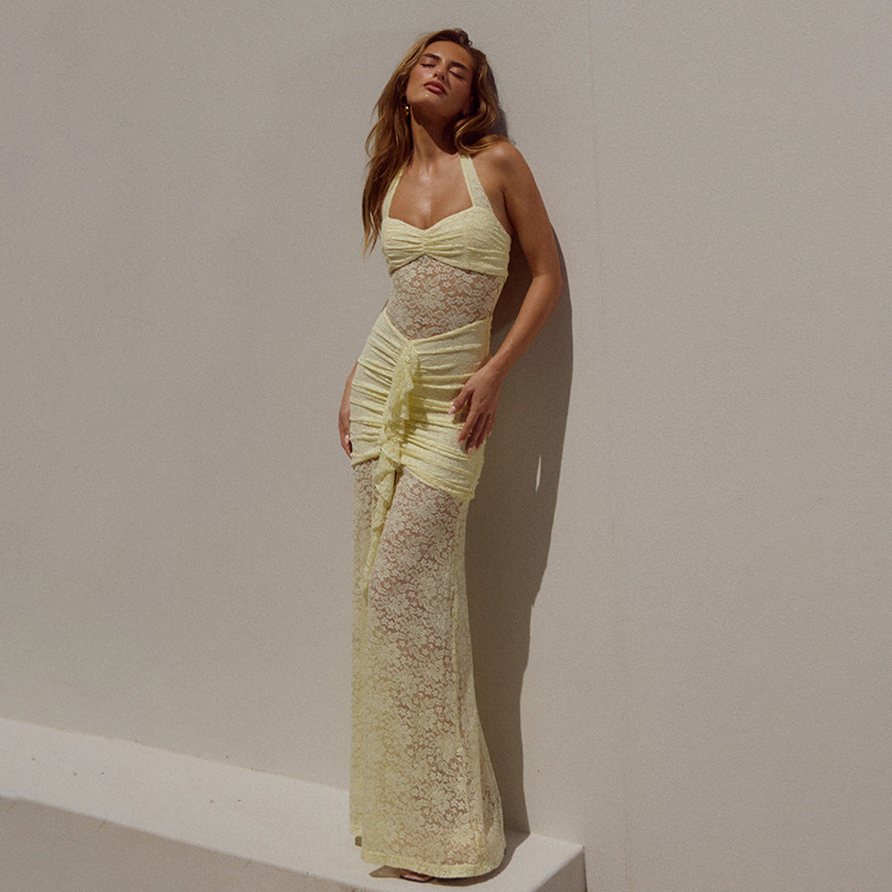 Summer Elegant Halter Lace Maxi Dress Sexy Sleeveless Backless Slim Fit Dress Women
