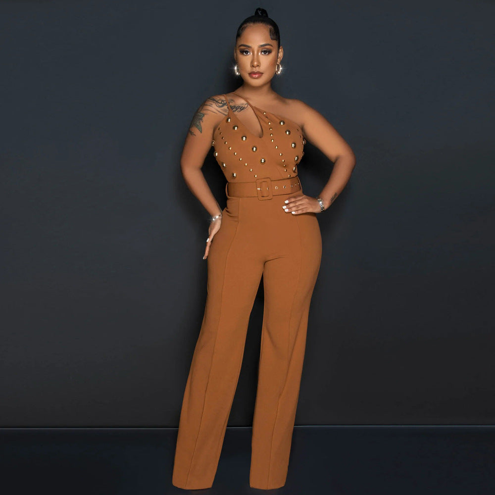 Solid Color Jumpsuit Slim Fit One Shoulder Wide Leg Pants Women