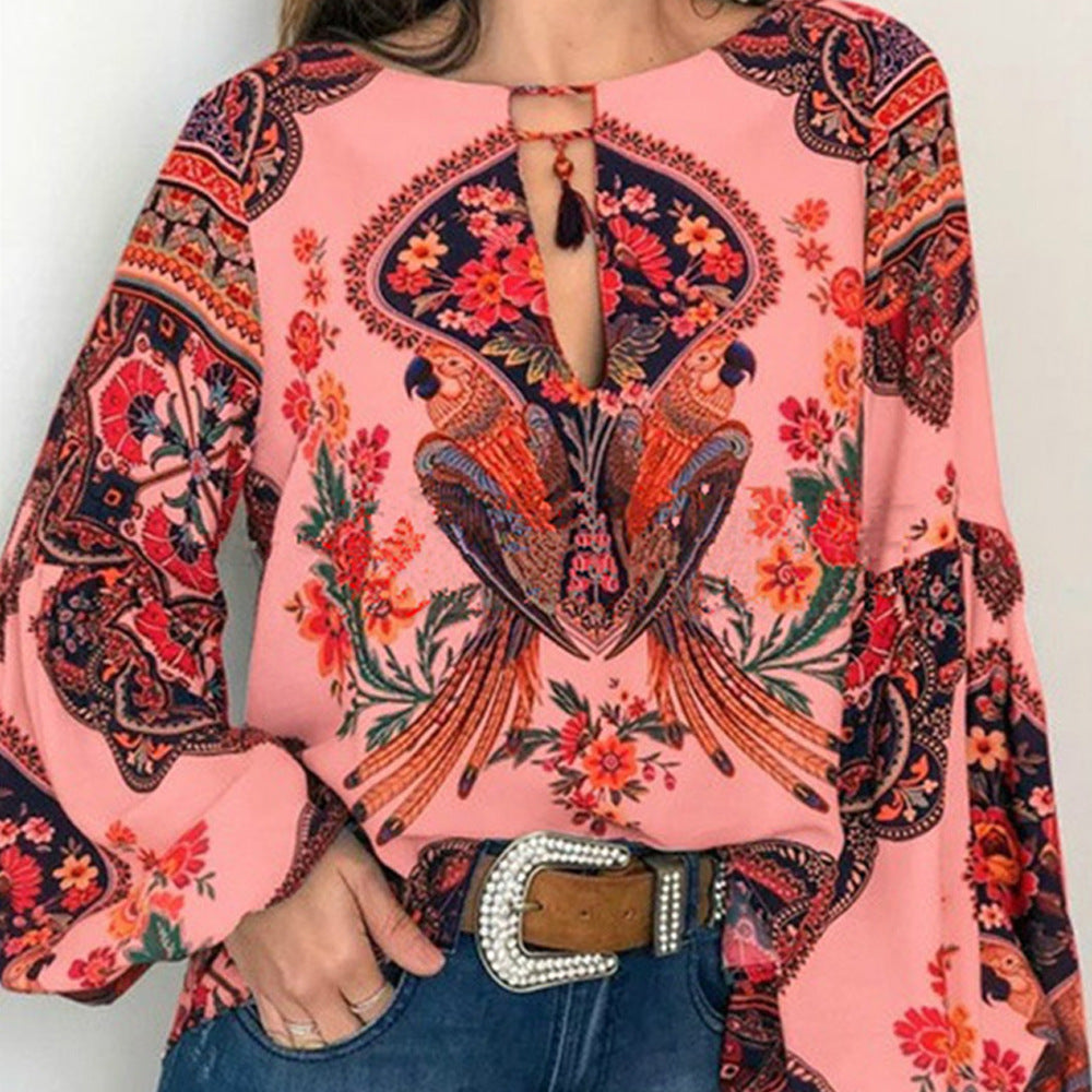 Spring Summer Women Clothing Special Women Clothing Digital Printed round Neck Lantern Sleeve Shirt