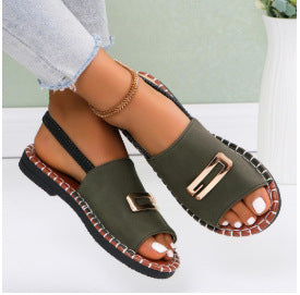 Buckle Cloth One Line Sandals Women Summer Elastic Band Flat Bottom Embroidery Beach Slippers