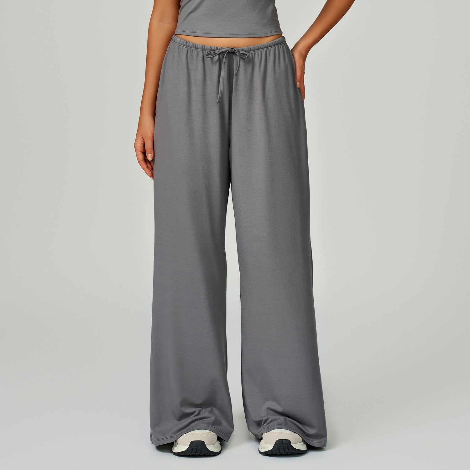 Sollinarry Brushed Trousers Embellished Wide Leg Loose Casual Pants Women Sports Fitness Elastic Drawstring Trousers