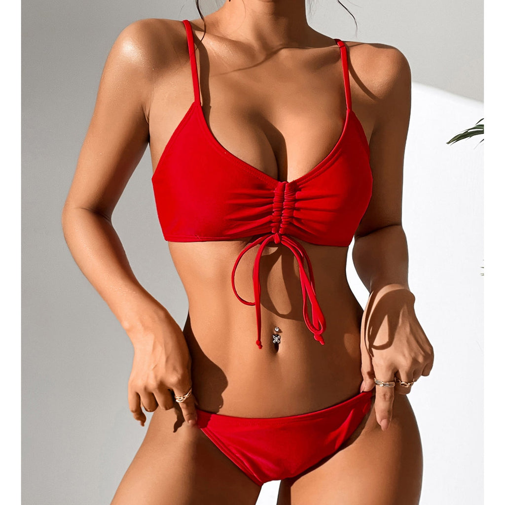 Solid Color Drawstring Lace Sexy High Waist Split Swimsuit Bikini Swimsuit Women